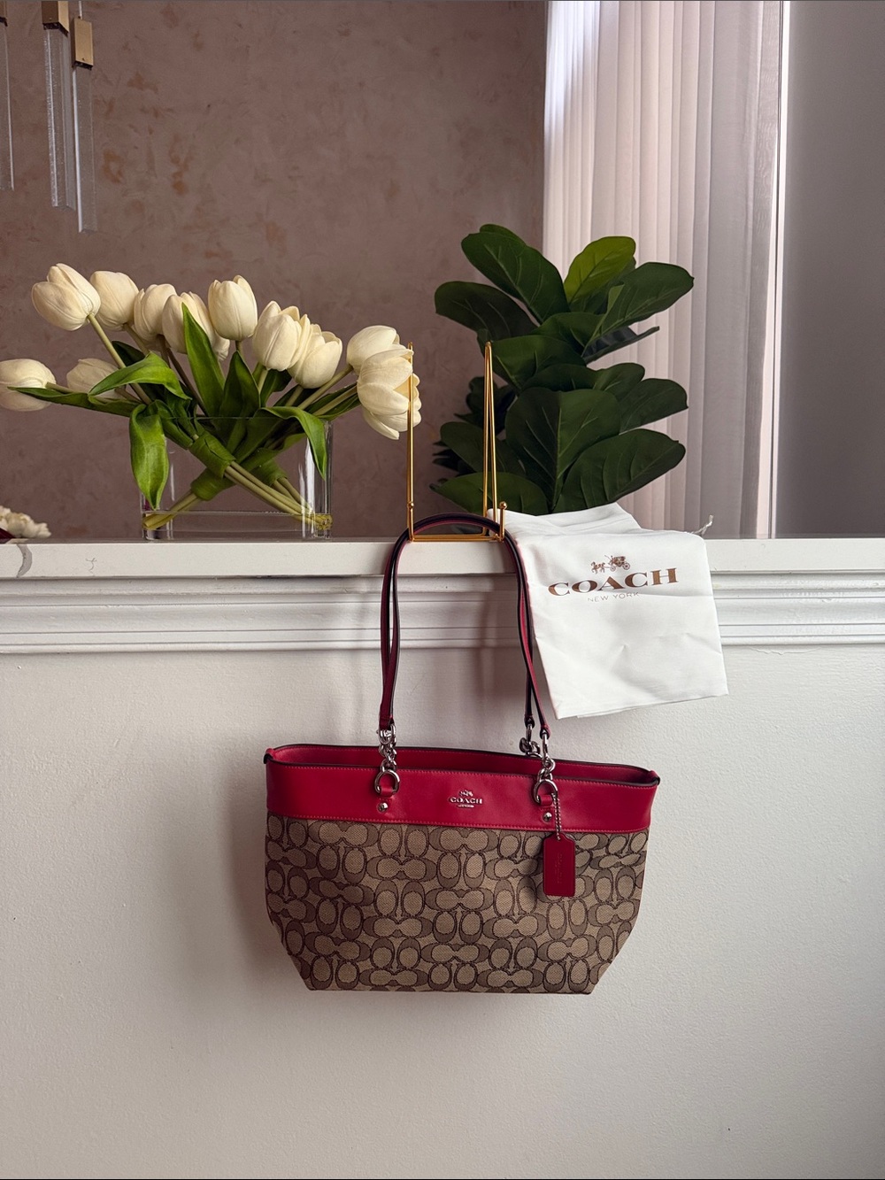 Coach Brown Signature Canvas Tote with Red Trim